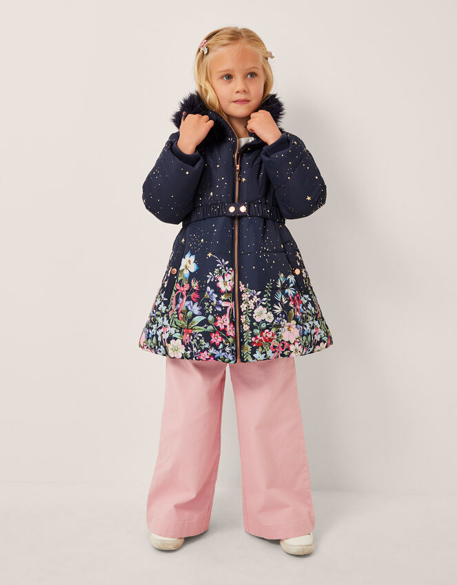 Starry Floral Hooded Coat, Blue (NAVY), large