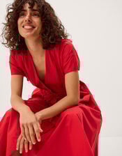 Riviera Pleated Tie Waist Midi Dress, Red (RED), large