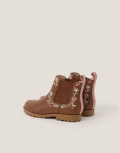 Flower Embroidered Chelsea Boots, Tan (TAN), large
