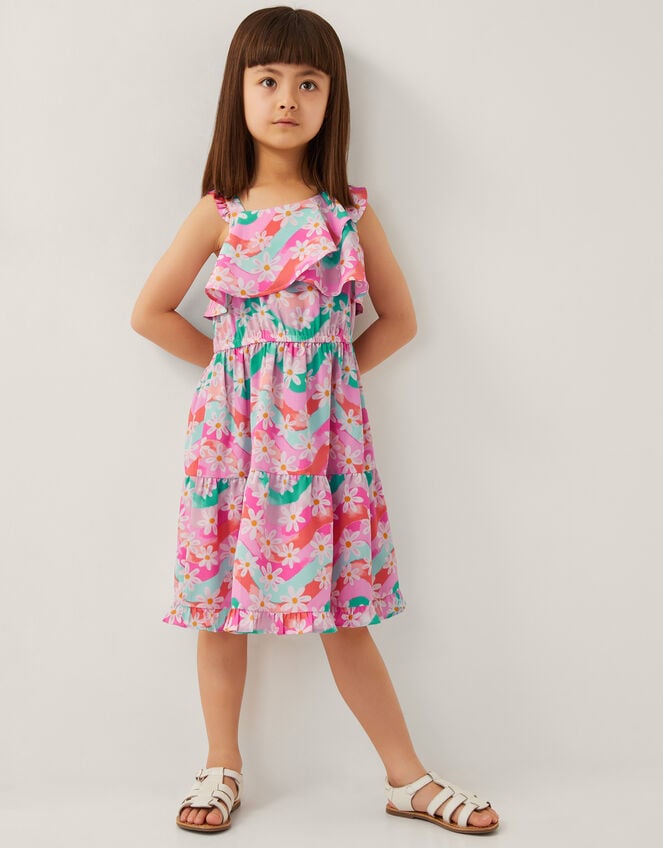 Asymmetrical Frilly Floral Dress, Pink (PINK), large