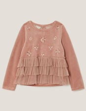 Embellished Tulle Tiered Velour Top, Pink (PINK), large