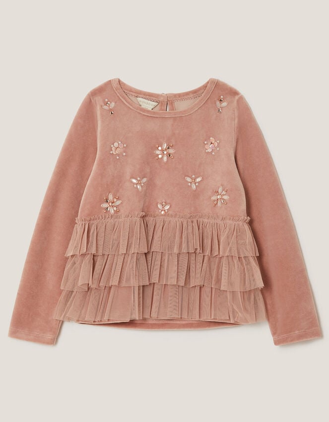 Embellished Tulle Tiered Velour Top, Pink (PINK), large