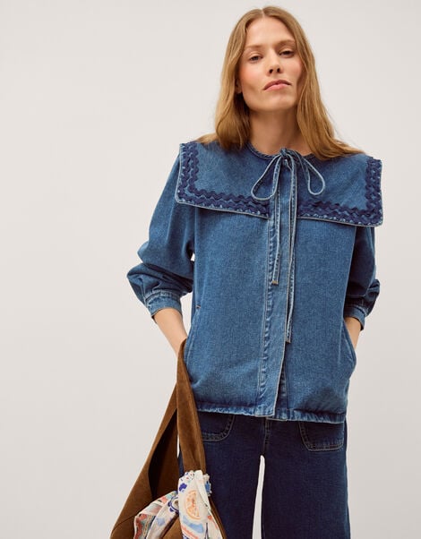 Livvy Square Collar Denim Jacket, Blue (MID AUTHENTIC BLUE), large