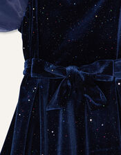 Puff Sleeve Sparkle Velvet Dress, Blue (NAVY), large