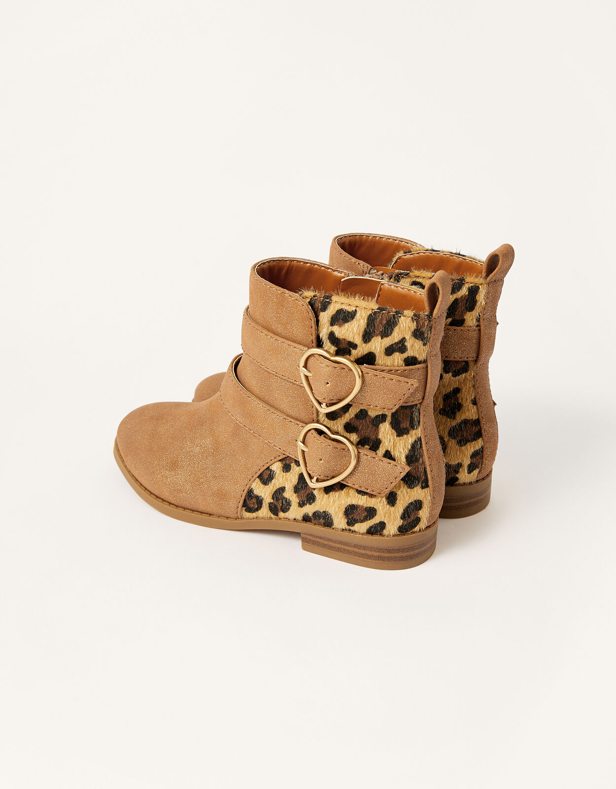 Leopard Panel Heart Buckle Boots Tan