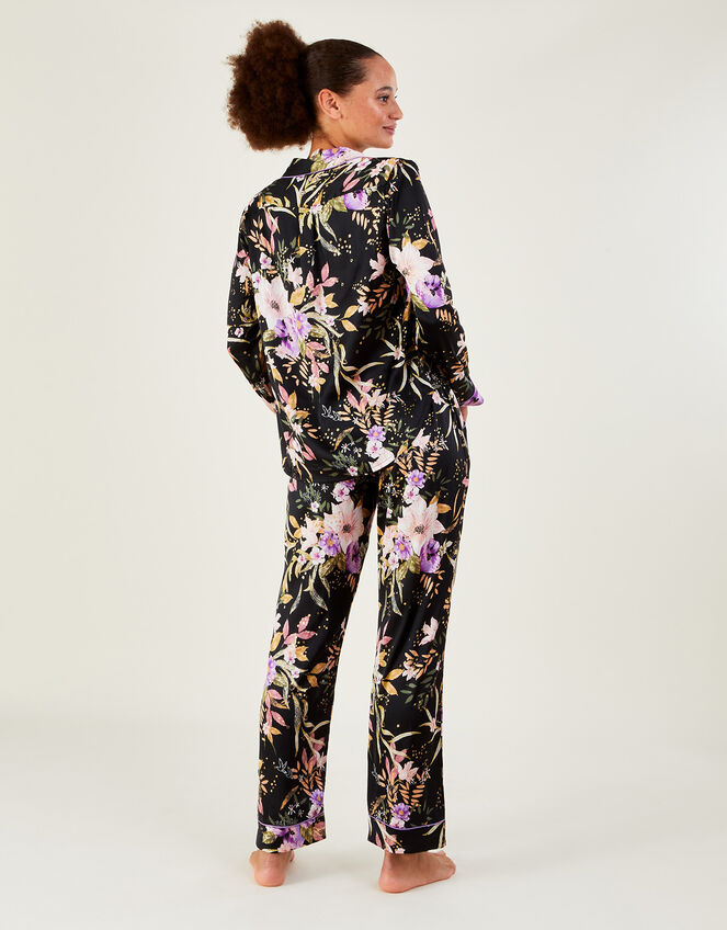 Foil Floral Print Satin Pyjama Set, Black (BLACK), large