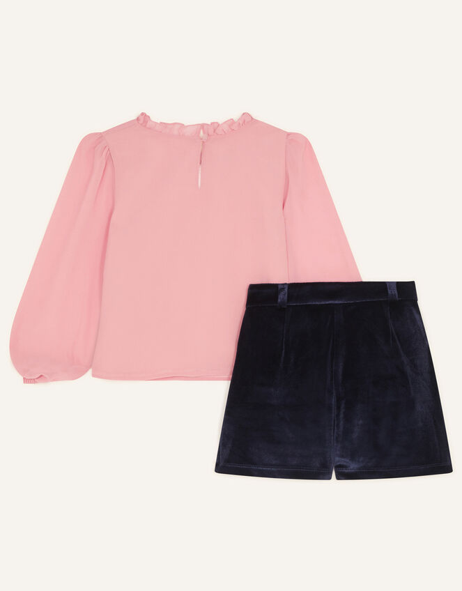 Pearl Top and Velvet Shorts Set, Blue (NAVY), large