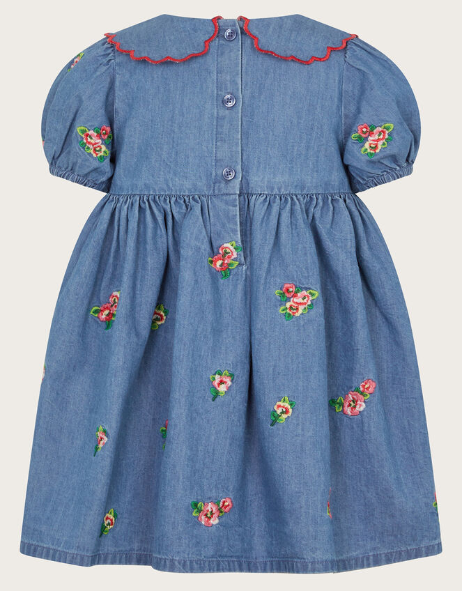 Baby Floral Embroidered Chambray Dress, Blue (BLUE), large