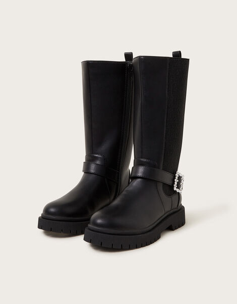 Diamante Buckle Knee High Boots, Black (BLACK), large