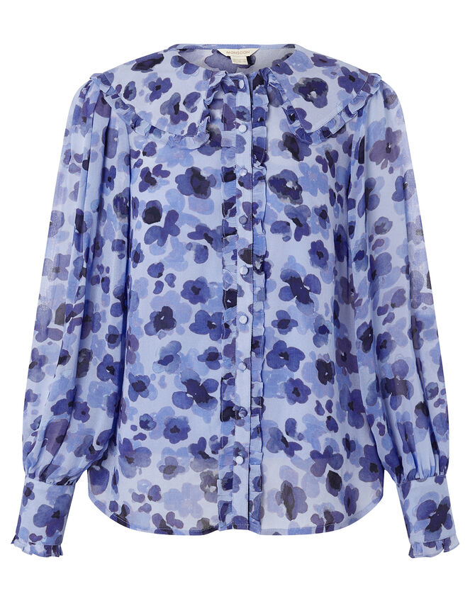 Pompea Poppy Print Frill Blouse, Blue (BLUE), large