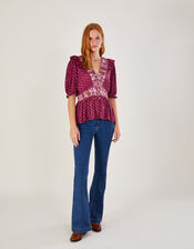 Deep V-Neck Frill Long Sleeve Jersey Top, Pink (PINK), large