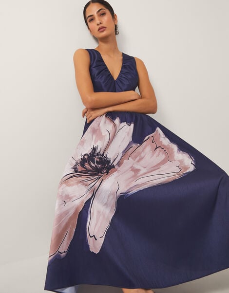 Sylvia Floral Print Satin Midi Dress, Blue (NAVY), large