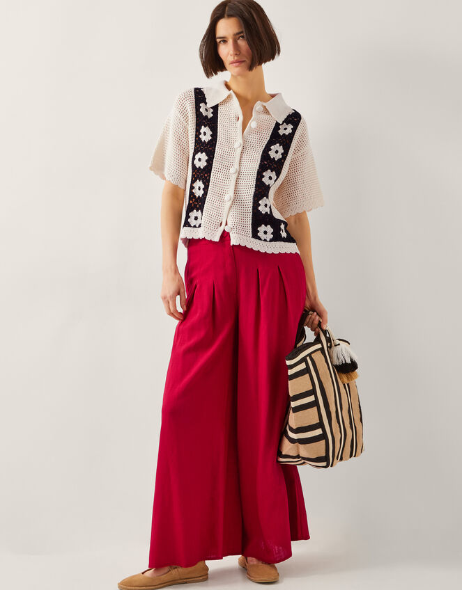 Diane Wide Leg Linen Blend Trousers, Red (RED), large