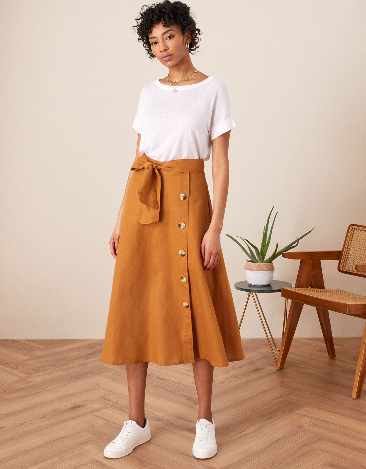 Mock Button Midi Skirt Camel