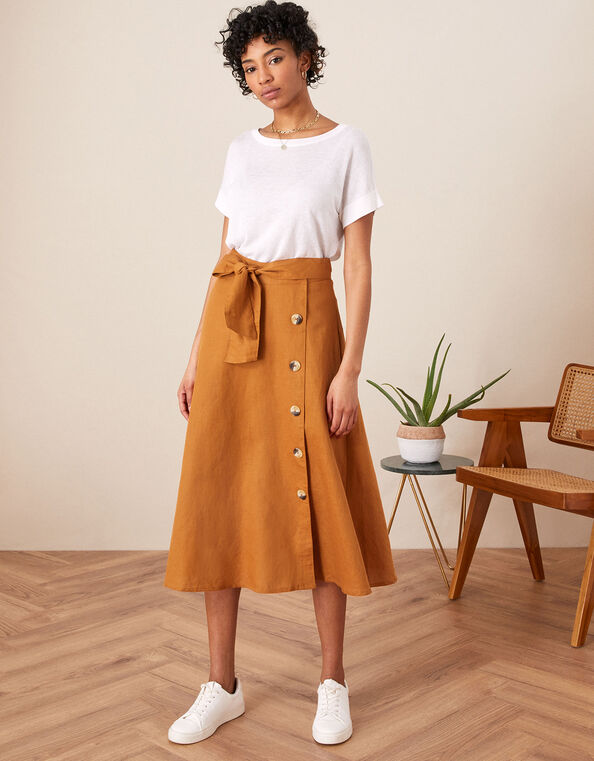 Mock Button Midi Skirt, Camel (CARAMEL), large