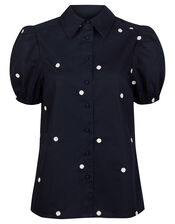 Spot Print Short Sleeve Blouse in Organic Cotton, Blue (NAVY), large