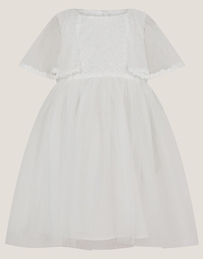 Baby Flutter Sleeve Floral Embroidered Tulle Dress, Ivory (IVORY), large
