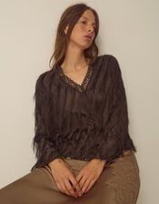 Tawn V-Neck Fringe Top, Brown (CHOCOLATE), large