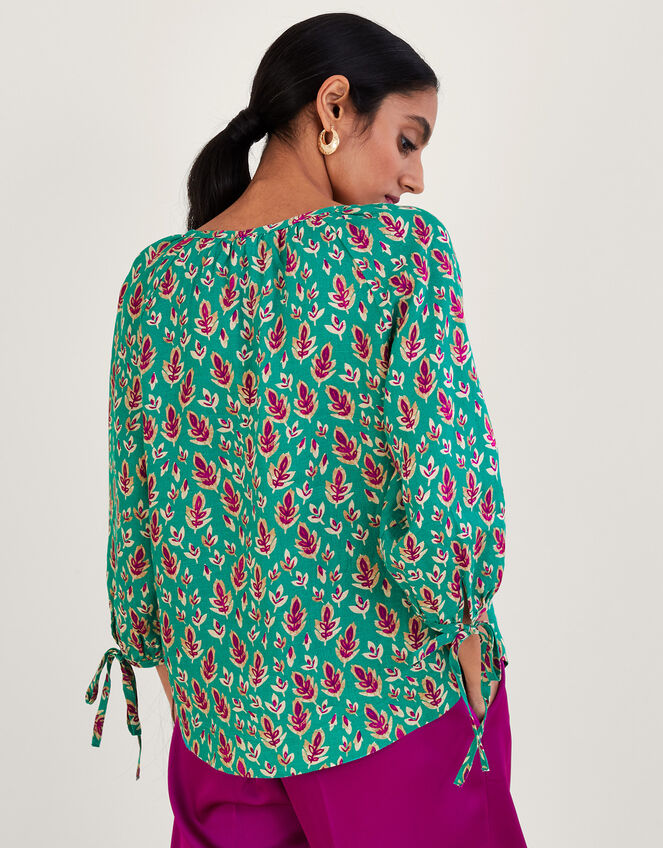 Print Tie Cuff Button Through Linen Blouse, Green (GREEN), large