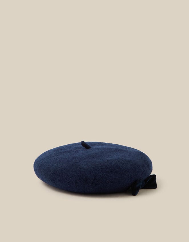 Velvet Bow Wool Beret, Blue (NAVY), large