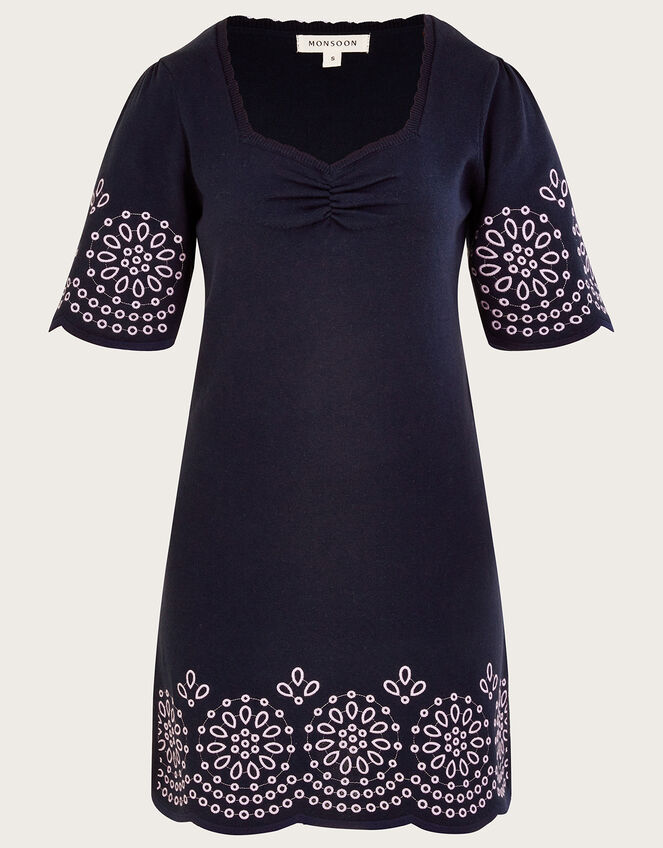 Broderie Angel Sleeve Short Dress in Sustainable Cotton, Blue (NAVY), large