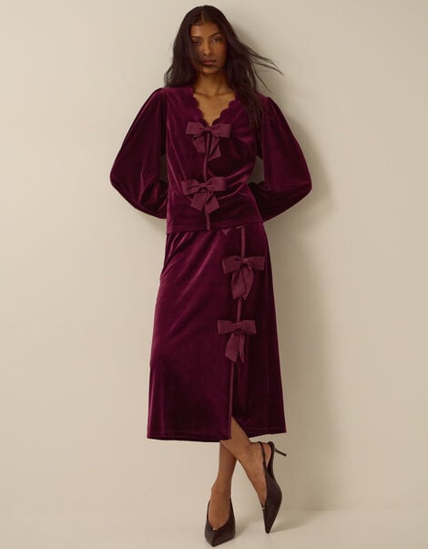 Buffy Bow Velvet Midi Skirt, Red (BURGUNDY), large