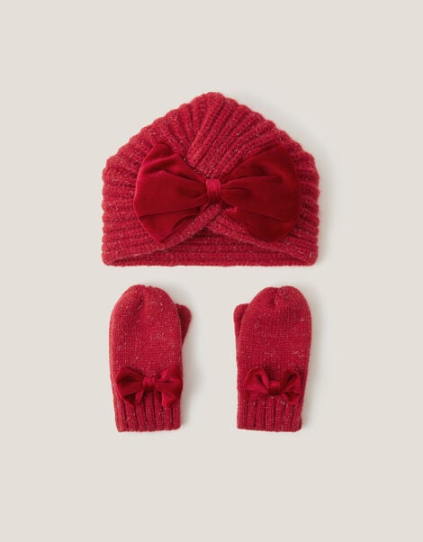 Baby Bow Knitted Hat & Mittens Set, Red (RED), large