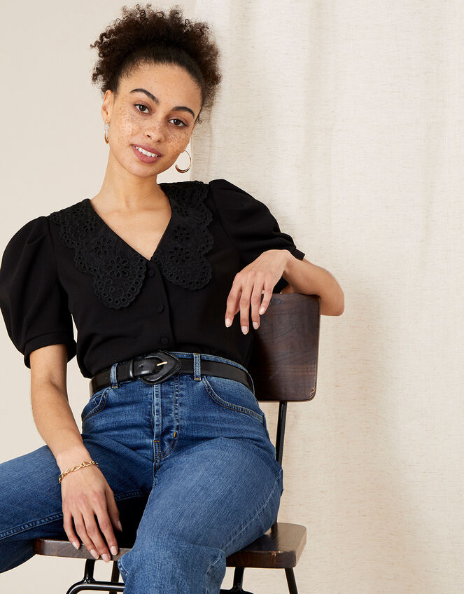 Ollie Lace Collar Puff Sleeve Top, Black (BLACK), large