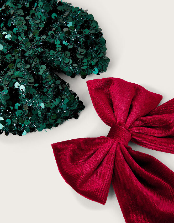 2-Pack Velvet and Sequin Christmas Bow Hair Clips, , large