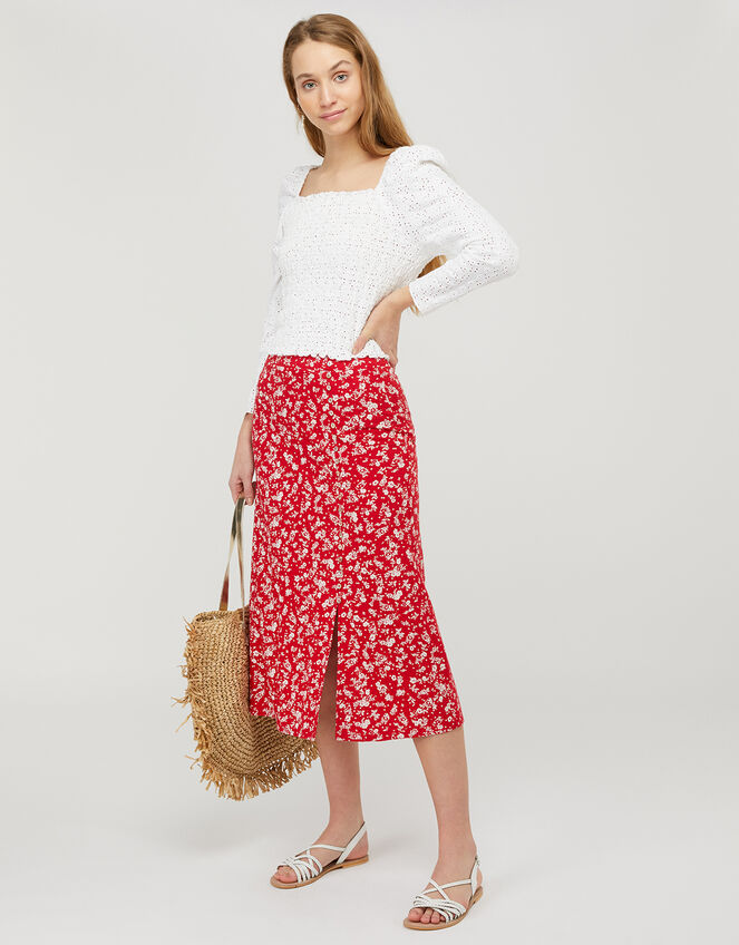 Natty Ditsy Floral Midi Skirt, Red (RED), large