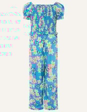 Floral Shirred Jumpsuit, Blue (BLUE), large
