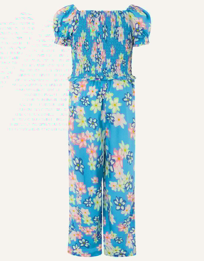 Floral Shirred Jumpsuit, Blue (BLUE), large