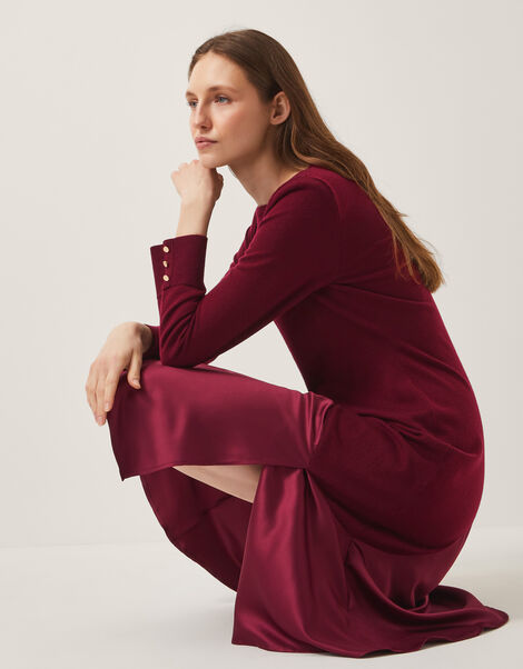 Saz Asymmetrical Mix Satin Midi Dress, Red (BERRY), large