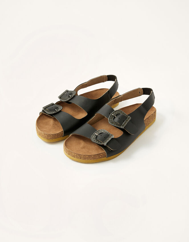 Buckle Detail Double Strap Sandals, Black (BLACK), large