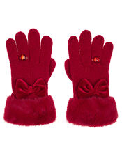 Bow Diamond Ring Knit Gloves, Red (RED), large