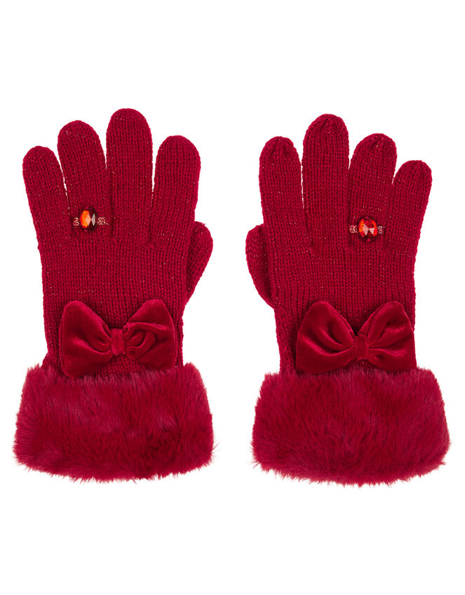 Bow Diamond Ring Knit Gloves, Red (RED), large