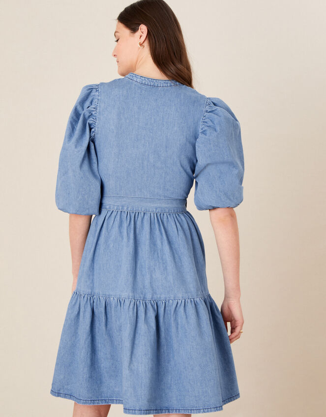 Puff Sleeve Belted Denim Dress, Blue (DENIM BLUE), large