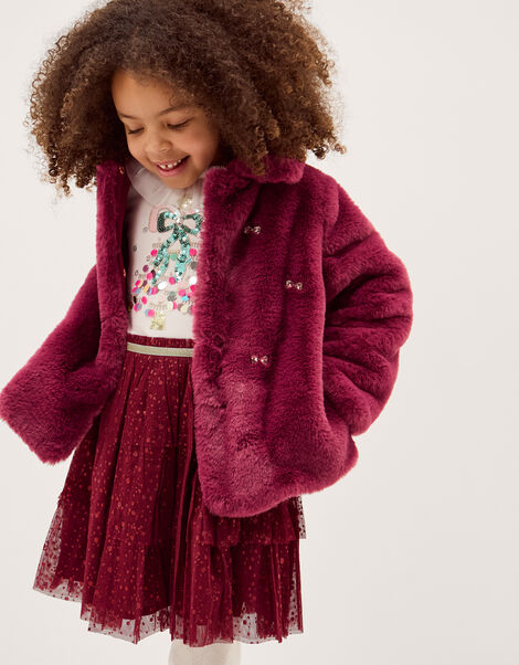 Bow Embellished Faux Fur Coat, Red (BURGUNDY), large