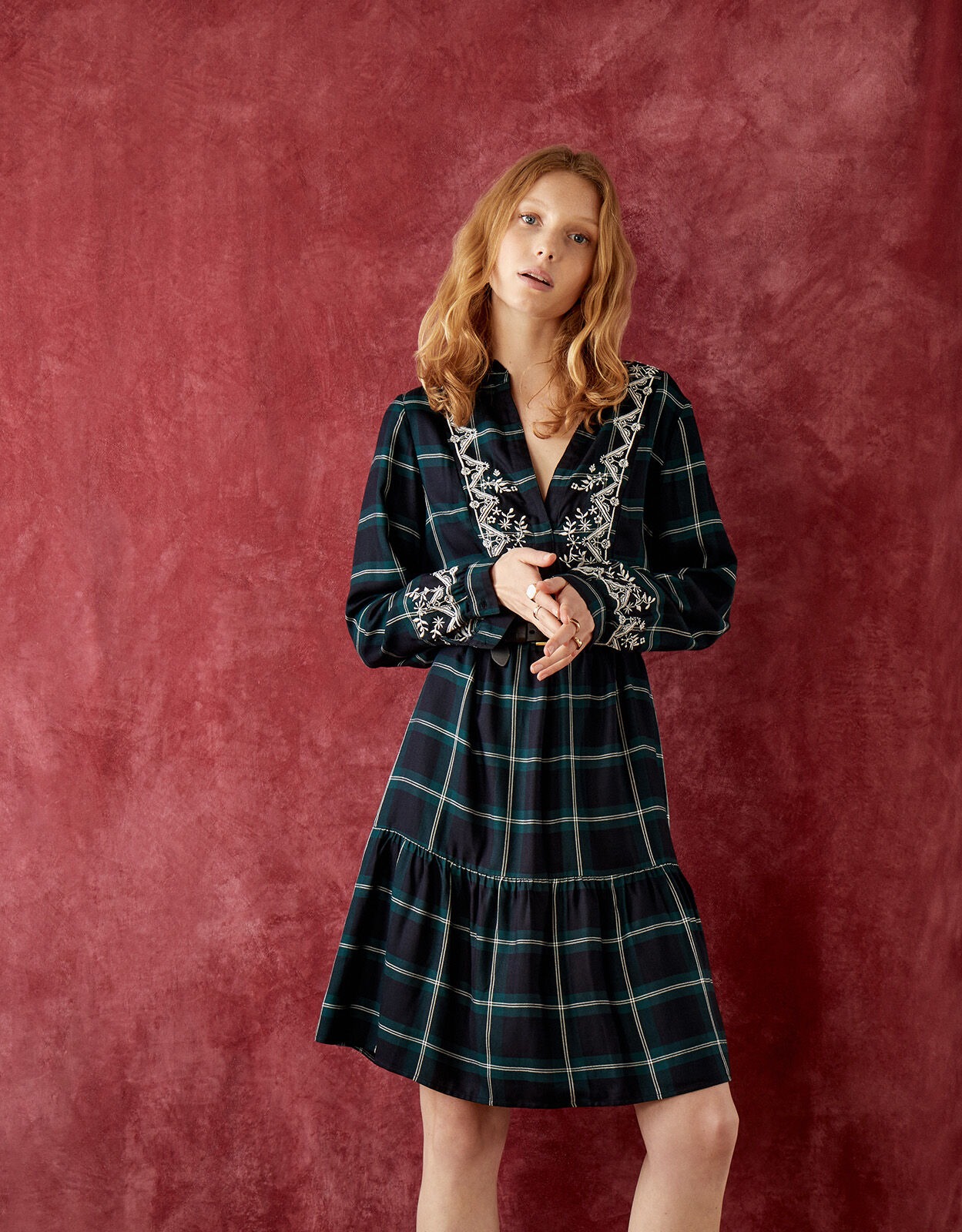 Check Embroidered Tiered Dress Blue 