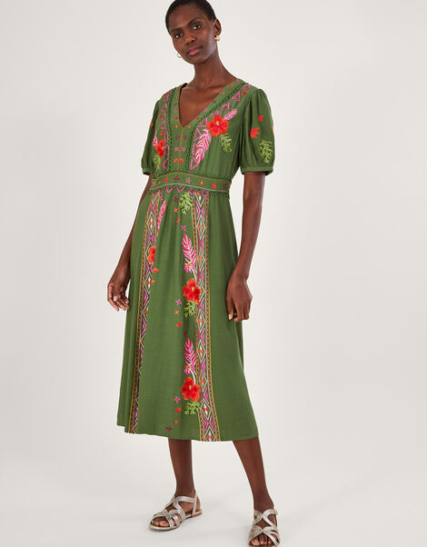 Farah Floral Embroidered Tea Dress, Green (GREEN), large