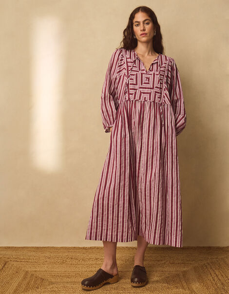 East Vika Hand-Woodblock Stripe Midi Dress, Red (BERRY), large