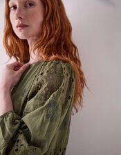 East Tasia Broderie Anglaise Midi Dress, Green (OLIVE), large