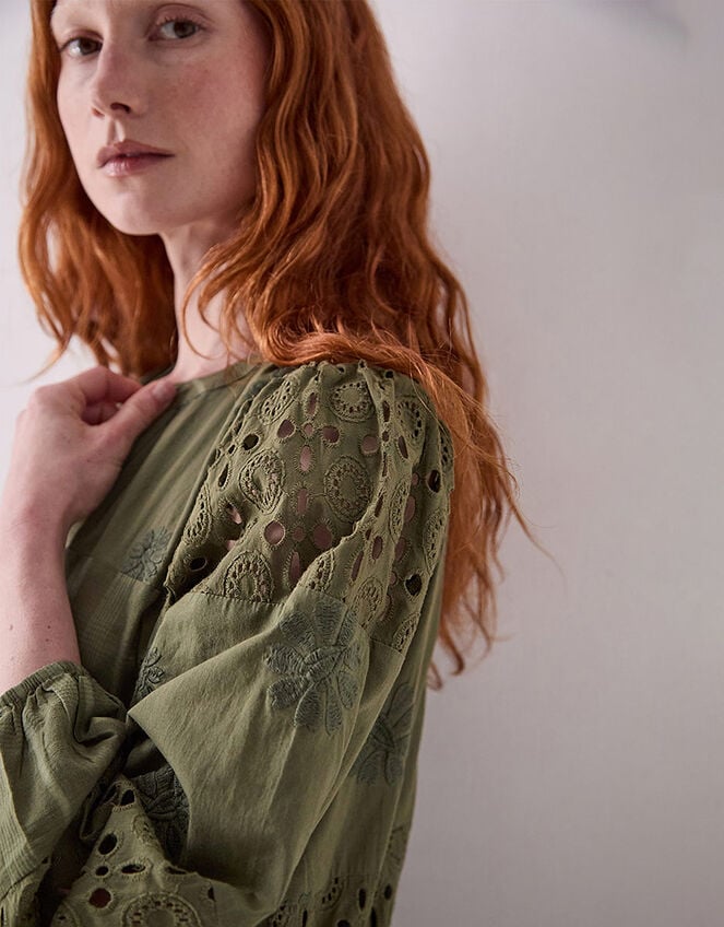 East Tasia Broderie Anglaise Midi Dress, Green (OLIVE), large