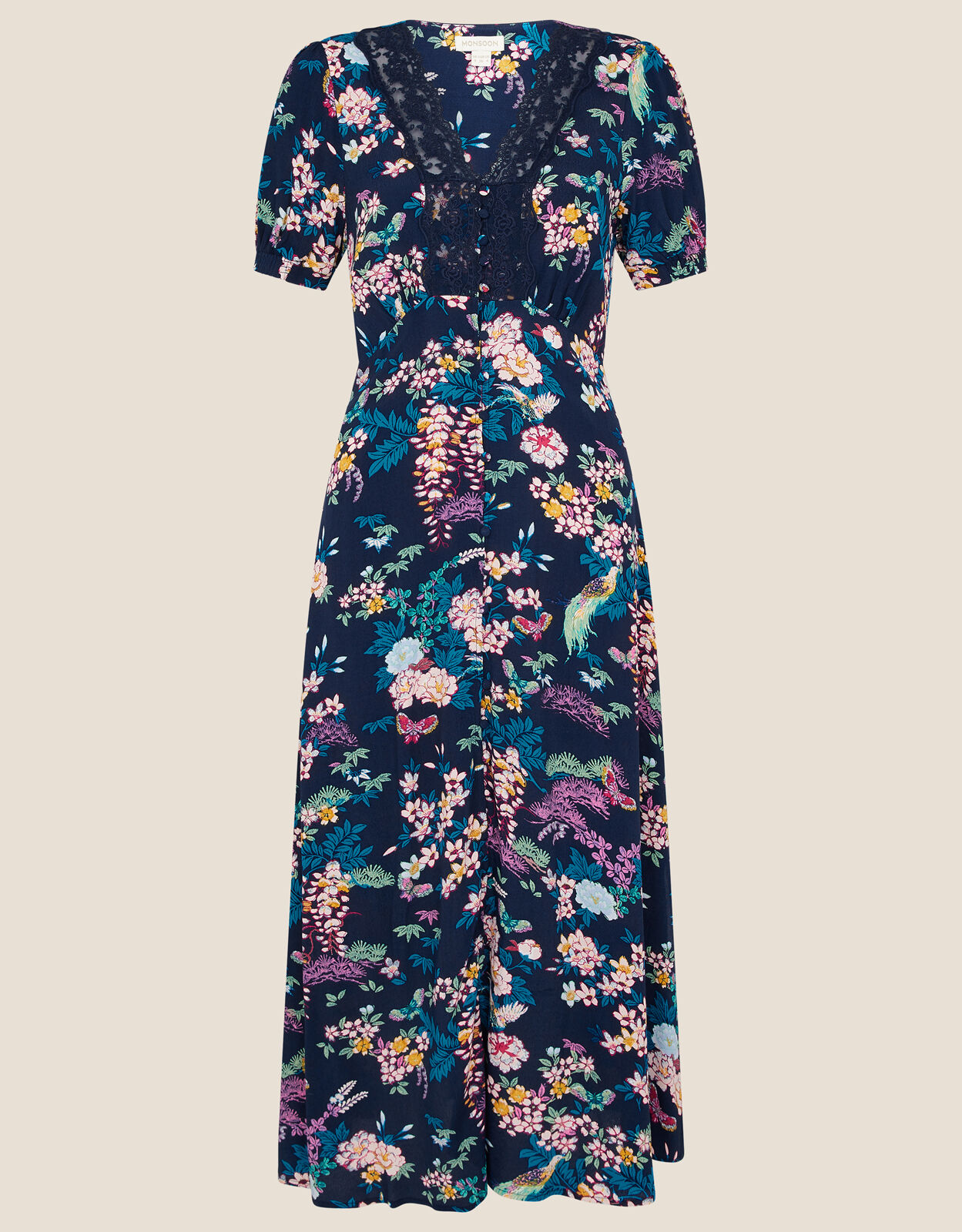 Oriental Print Lace Trim Dress Blue