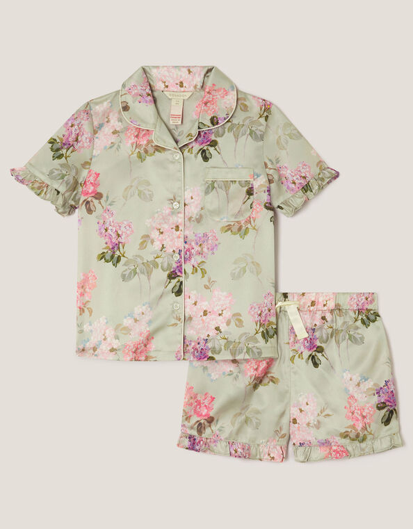 Floral Satin Short Pajamas & Eye Mask Set, Green (GREEN), large