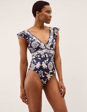Gloria Plunge Floral Ruffle Swimsuit, Blue (BLUE), large
