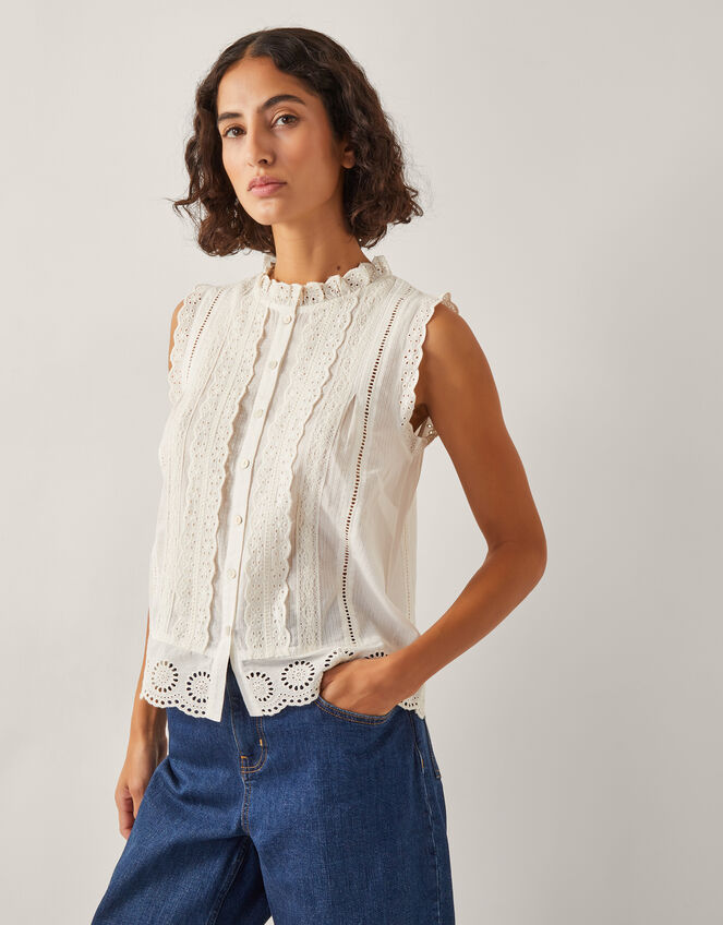 Trish Sleeveless Ruffle Shirt, Ivory (IVORY), large