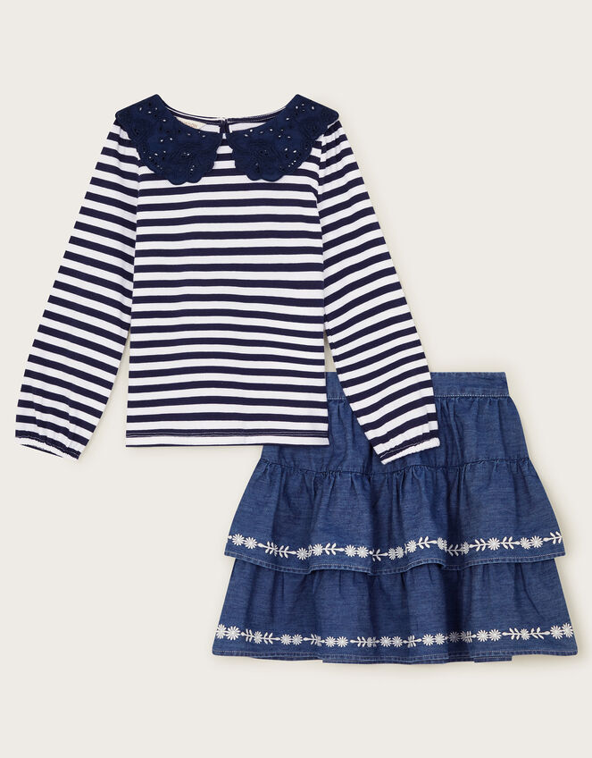Stripe Collar Top and Skirt Set, Blue (NAVY), large