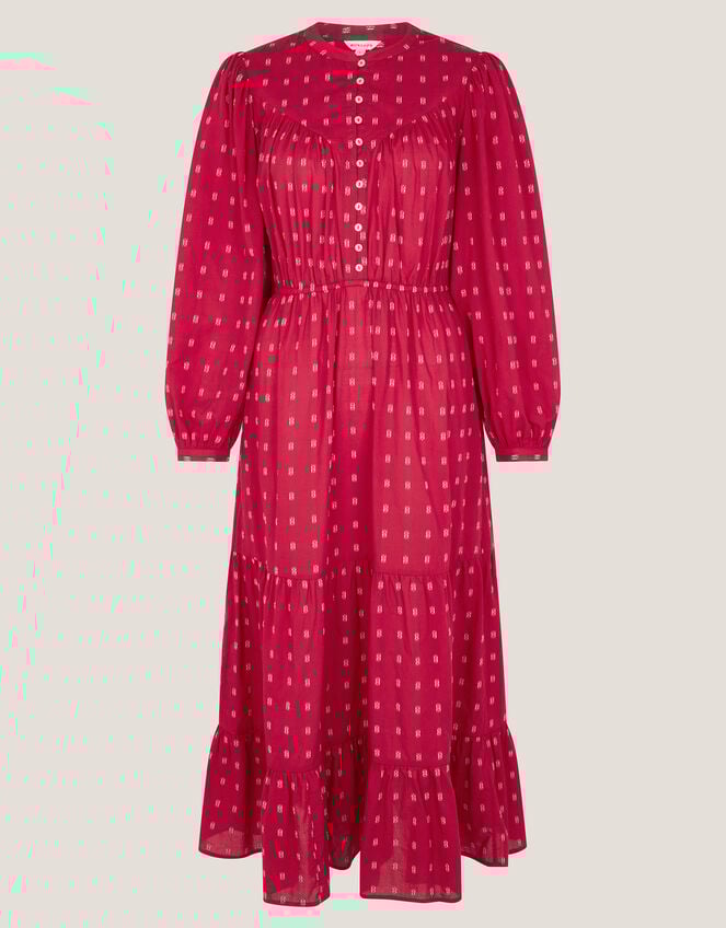 Poppy Long Sleeve Tiered Midi Dress, Red (RED), large