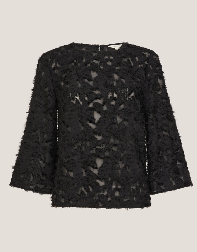 Chrissy Sheer Textured ¾ Sleeve Top, Black (BLACK), large
